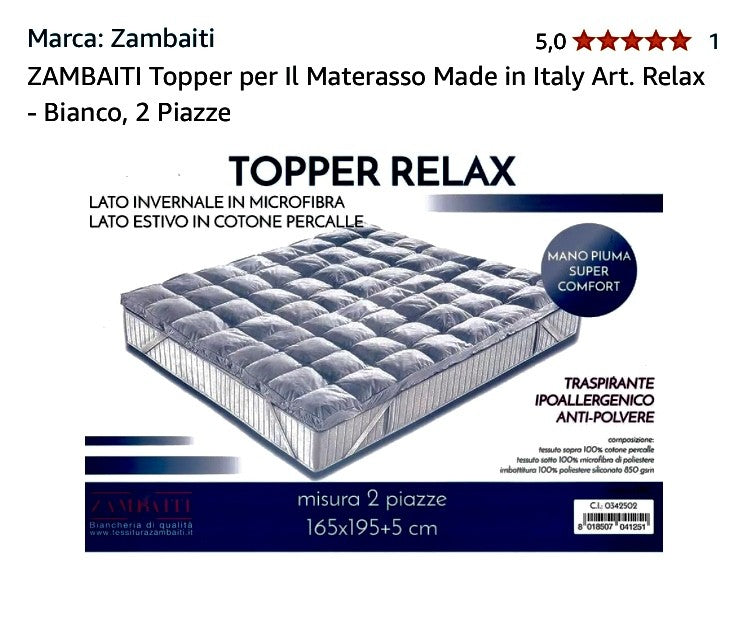 TOPPER RELAX PIAZZA MEZZA EFFETTO PIUMA IPOALLERGGENICO Zambetti