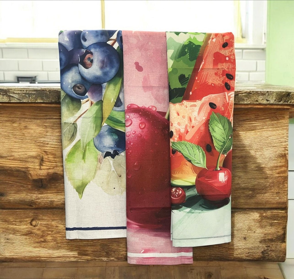 Set 3 Strofinacci da Cucina in Cotone con Stampa Frutta – Assorbenti e Decorativi